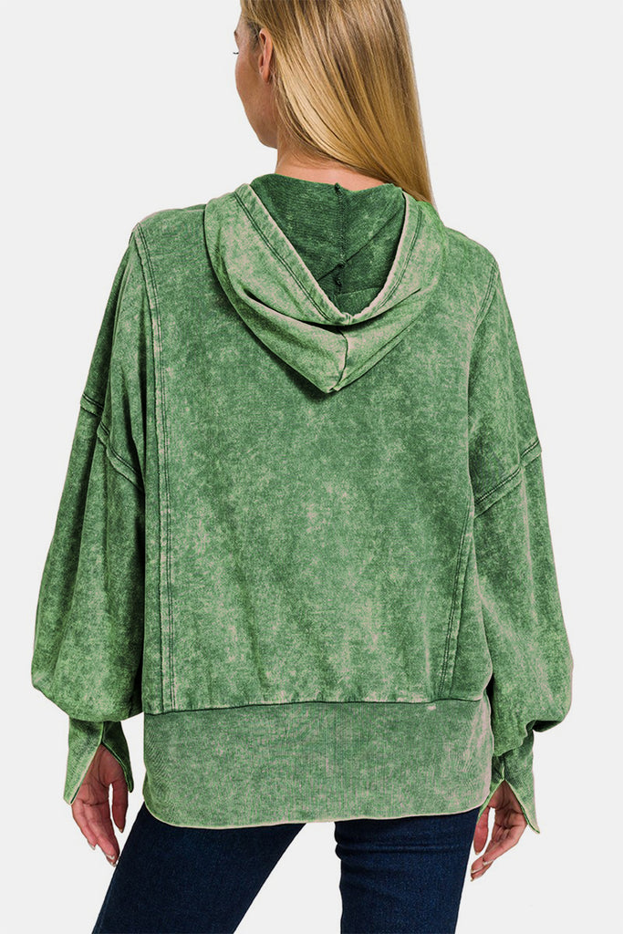 Zenana Acid Washed French Terry Zip-Up Womens Hoodie with Pockets in Green