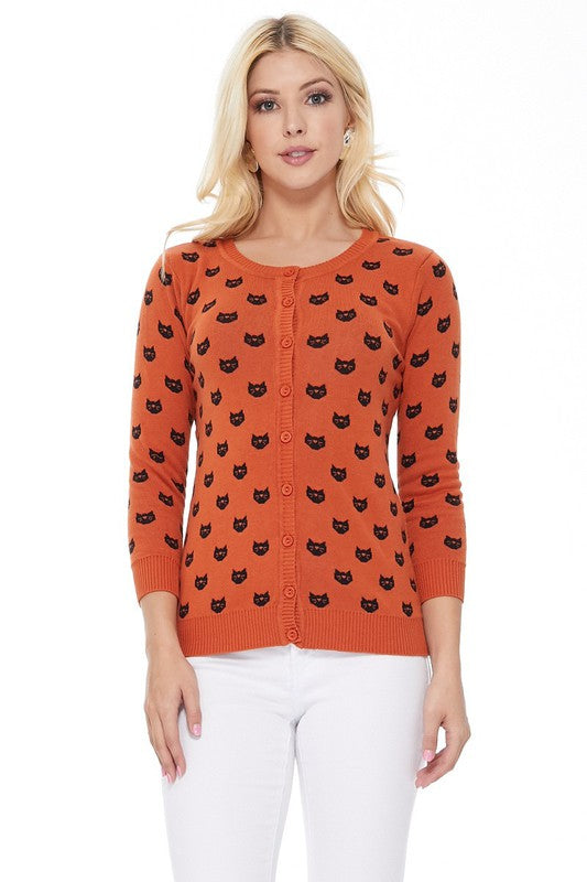 Mak Round Neck Cat Patterned Cardigan Sweater 8 Colors