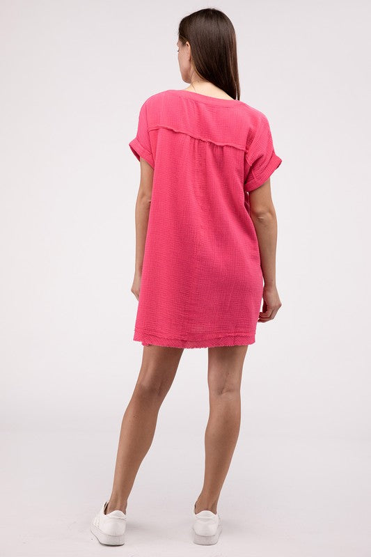 Zenana Cotton Gauze SS Raw Edge Womens Dress 4Colors S-XL