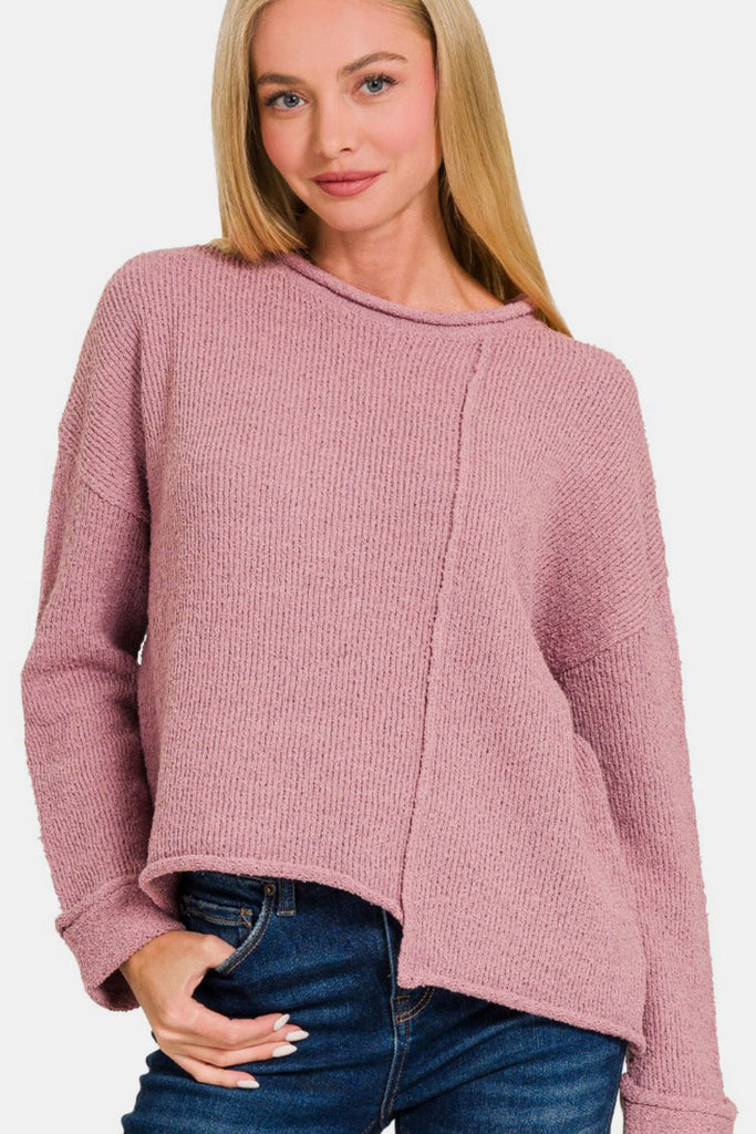 Zenana Asymmetric Hem Drop Shoulder Womens Sweater