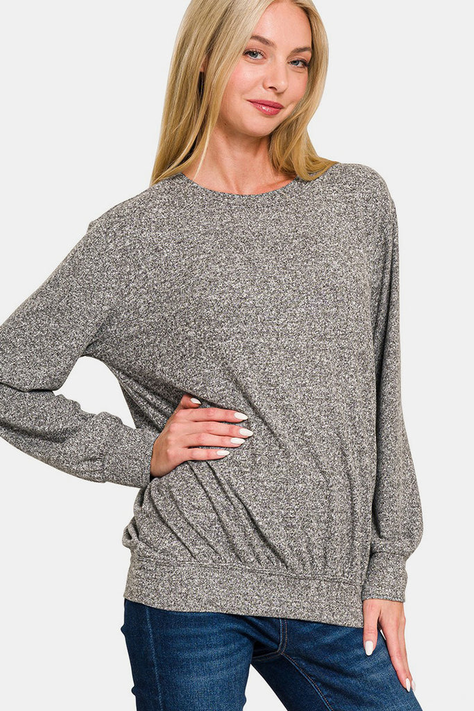 Zenana Pullover Melange Round Neck Womens Knit Top S-3X