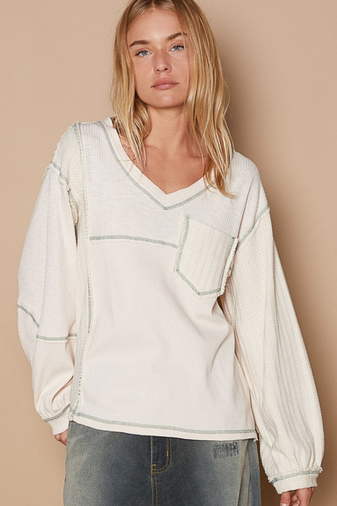 POL V-Neck knit Panel Exposed Seam Womens Top S-L