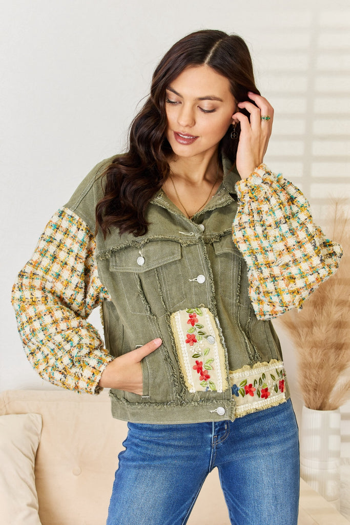 POL Embroidered Button Down Raw Hem Womens Shacket