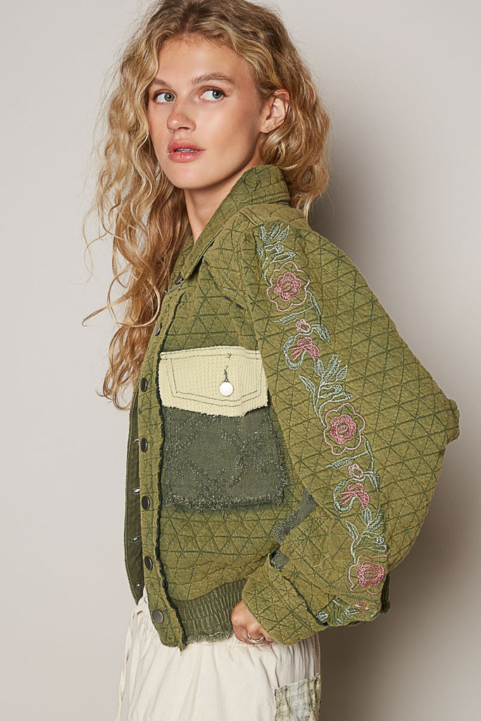 POL Clothing Embroidered Sleeve Raw Edge Quilted Womens Jacket