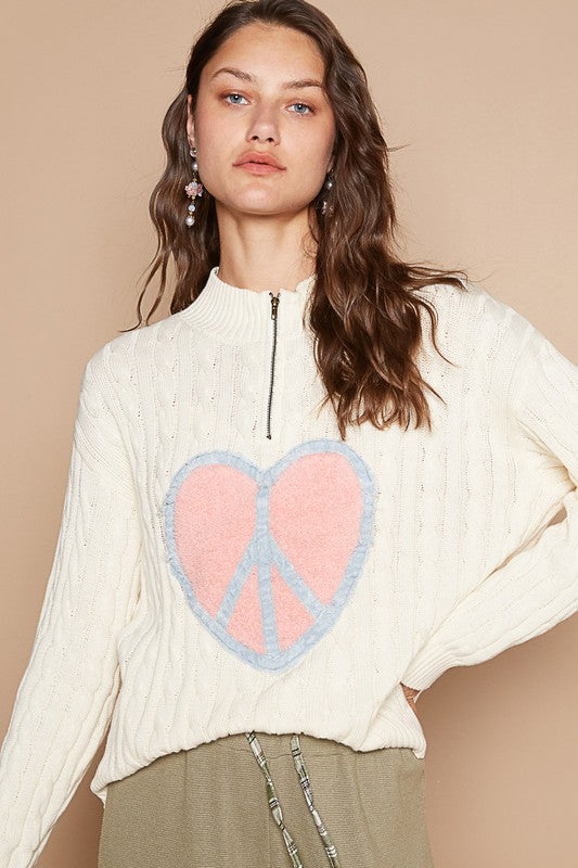 POL Clothing Cable-Knit Peace Patch Dropped Shoulder Womens Sweater