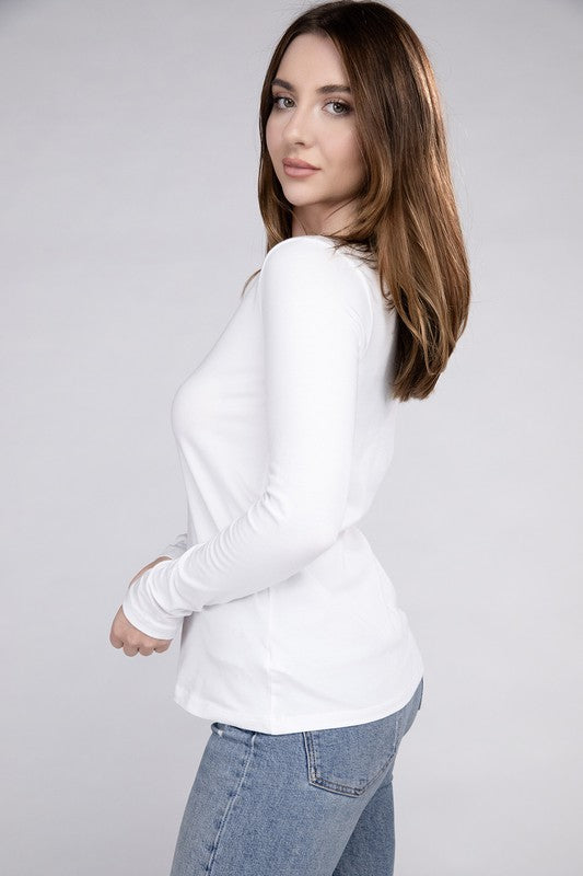 Zenana Cotton V-Neck Long Sleeve T-Shirt Black/White S-XL