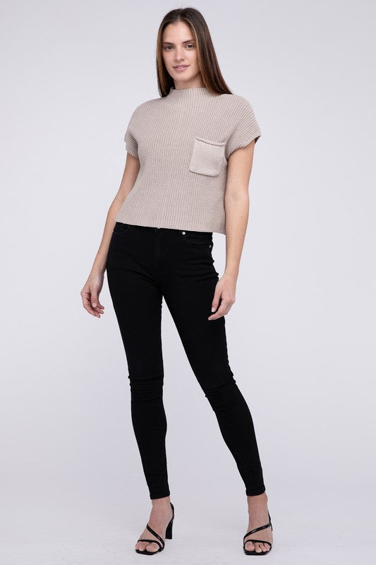 Zenana Mock Neck Short Sleeve Cropped Sweater 4Colors S-L
