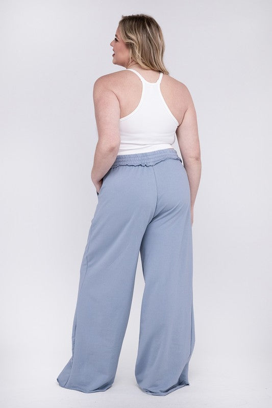 Zenana Plus Size French Terry Drawstring Raw Edge Womens Pants 2Colors