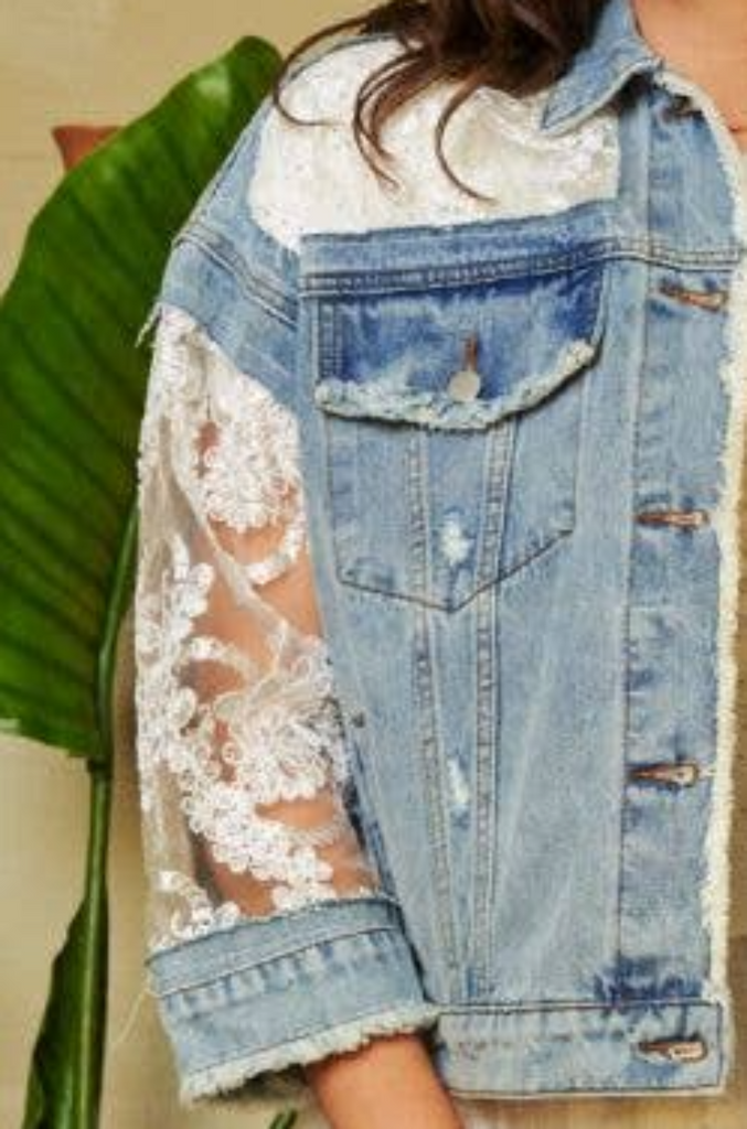 Davi & Dani Embroidery Lace Distressed Womens Denim Jacket S-L