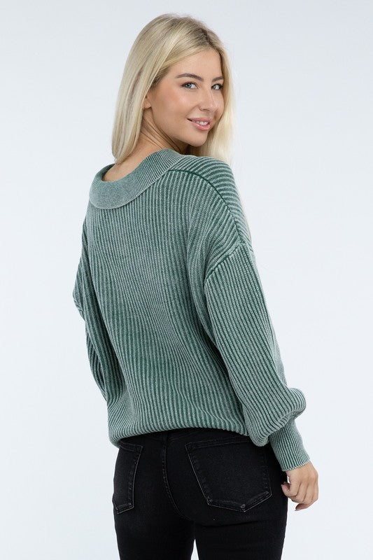 Zenana Washed Collared Henley Womens Sweater 6 Colors