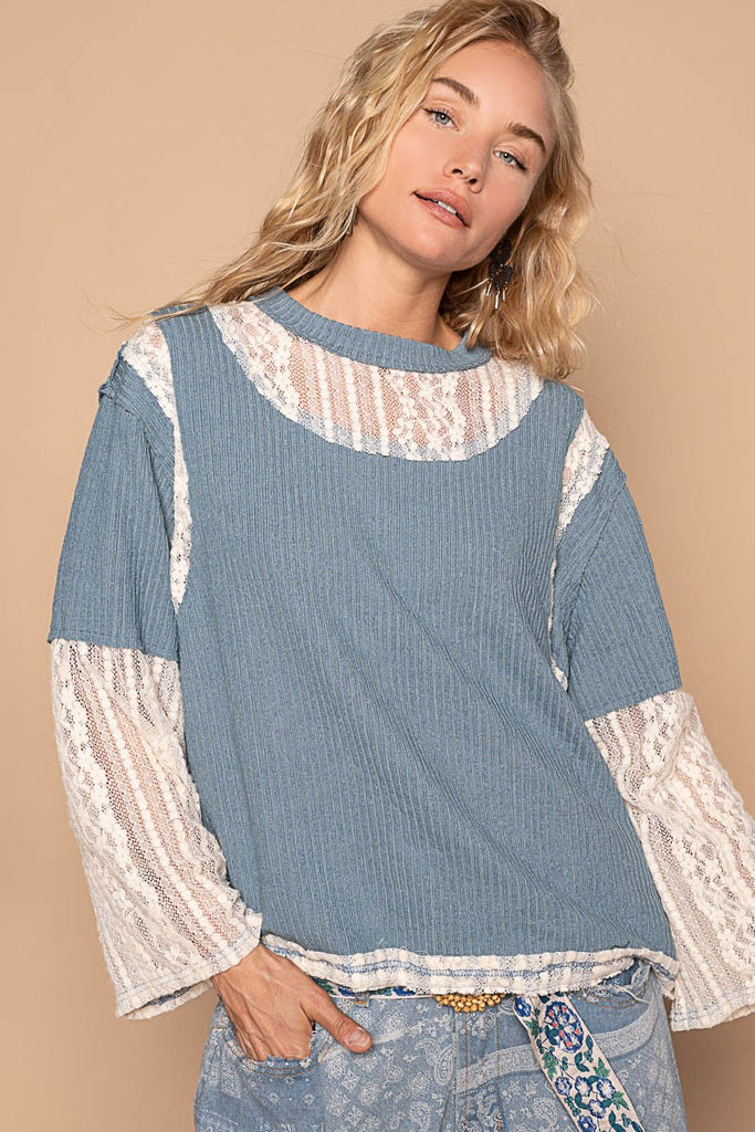 POL Clothing Lace Panel Round Neck Long Sleeve Womens Top