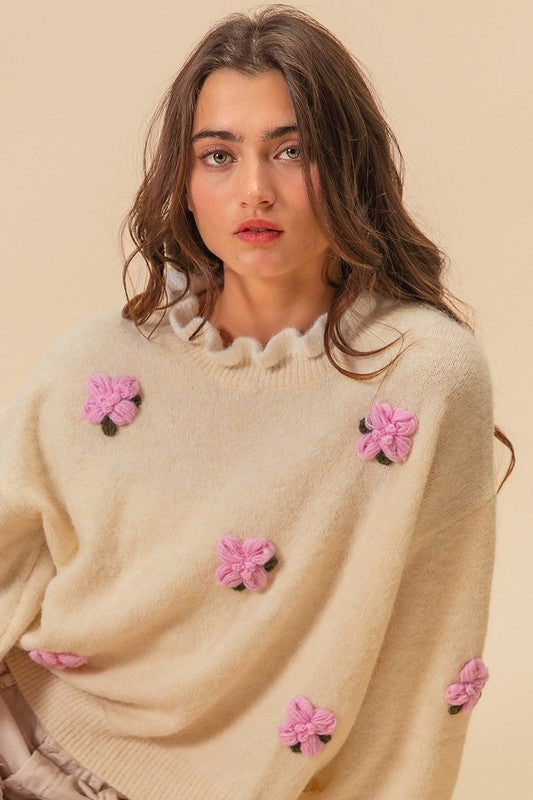 BiBi Ruffled Crochet Flower Dropped Shoulder Womens Sweater