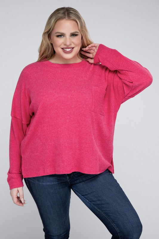 Zenana Plus Size Ribbed Brushed Melange Hacci Womens Sweater 4Colors
