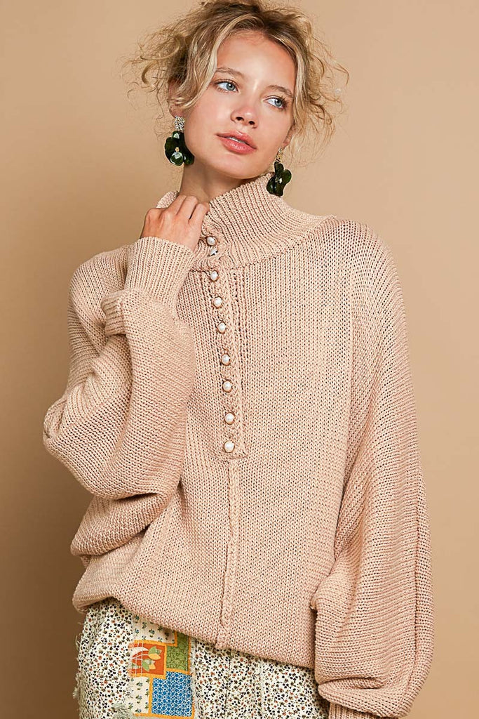 POL Clothing Pearl Detail Turtleneck Long Sleeve Womens Sweater