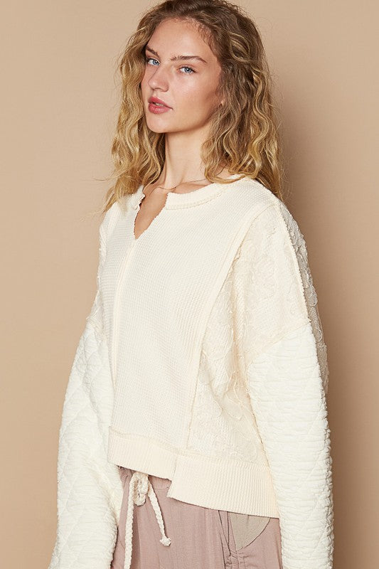 POL Clothing Waffle-Knit Notched Long Sleeve Knit Womens Top