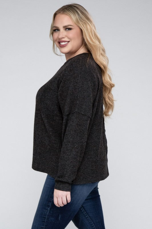 Zenana Plus Size Ribbed Brushed Melange Hacci Sweater 4Colors