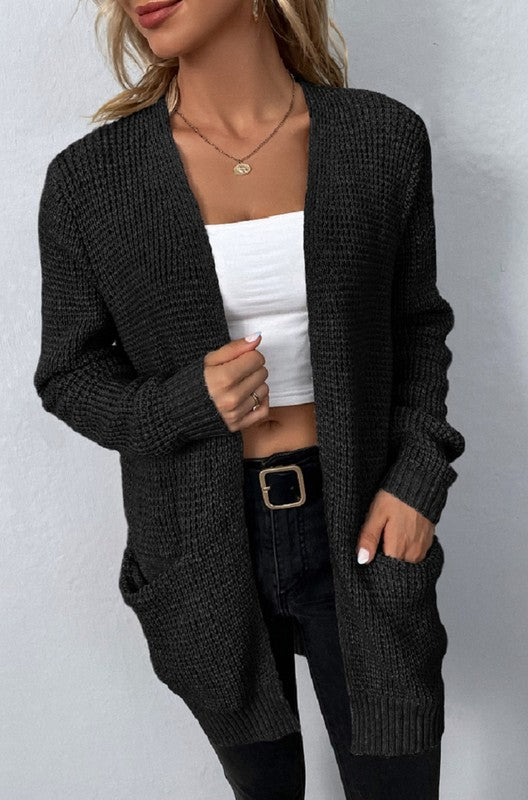 Nuvi Open front waffle sweater cardigan Black or Grey S-XL