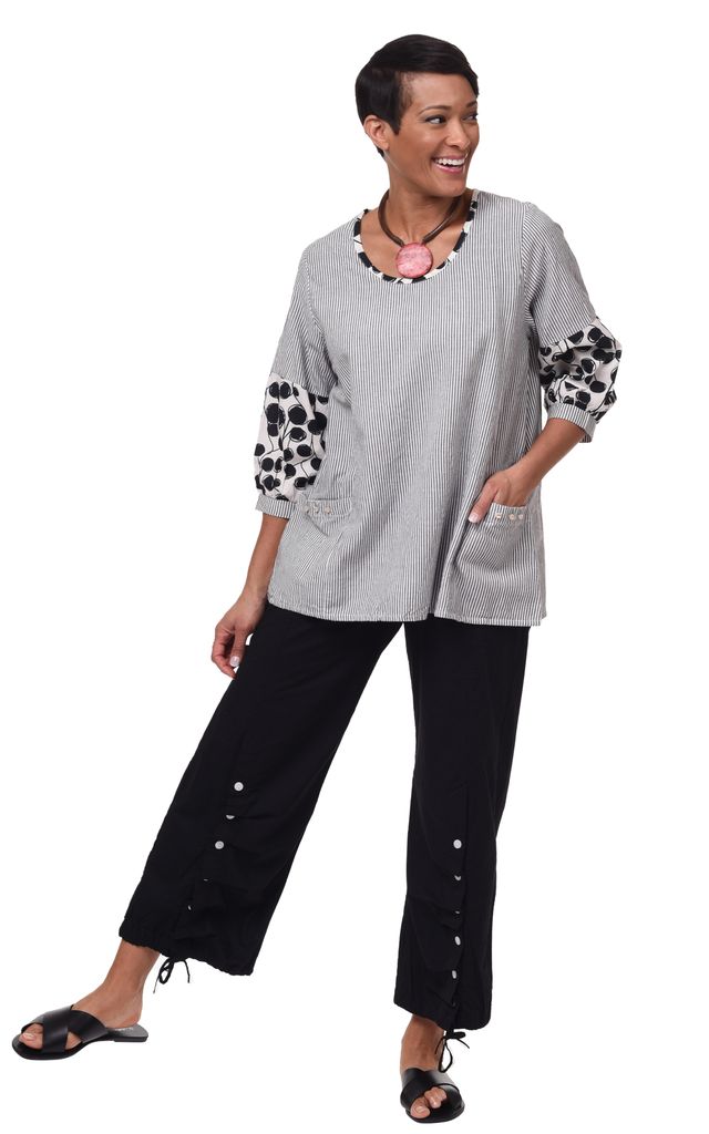 Sonya Womens Balloon Sleeves Top in Ticking