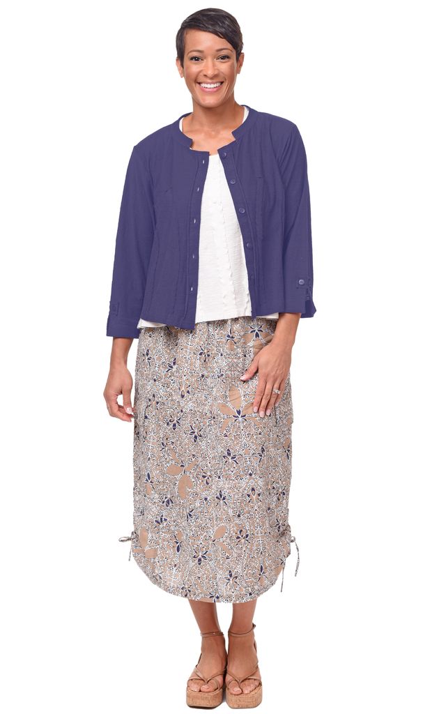 Ollie Womens Cotton Slub Knit 3/4 Sleeves Jacket in Navy