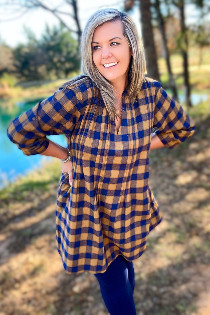 Romy Womens Tunic in Camel Navy Plaid by Apparel Garden
