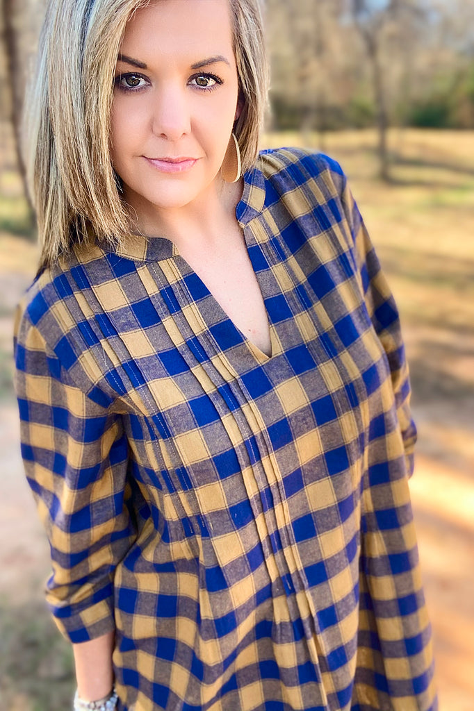 Romy Womens Tunic in Camel Navy Plaid by Apparel Garden