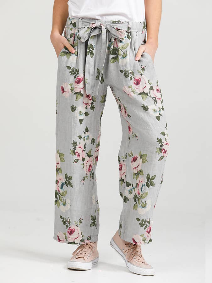 Miss Rose Sister Violet - Linen Floral Pants in Soft Grey
